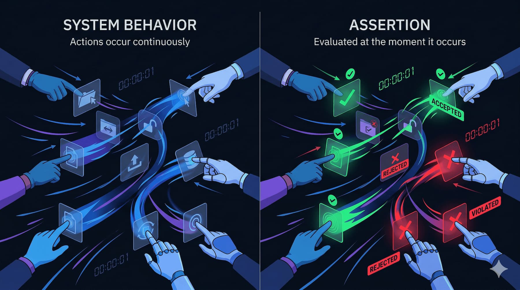Control Assertion Engine evaluating runtime behavior against encoded constraints to produce verifiable compliance assertions